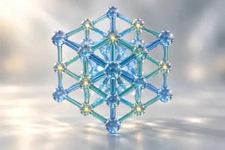 Conceptual illustration of a blue and teal crystalline lattice